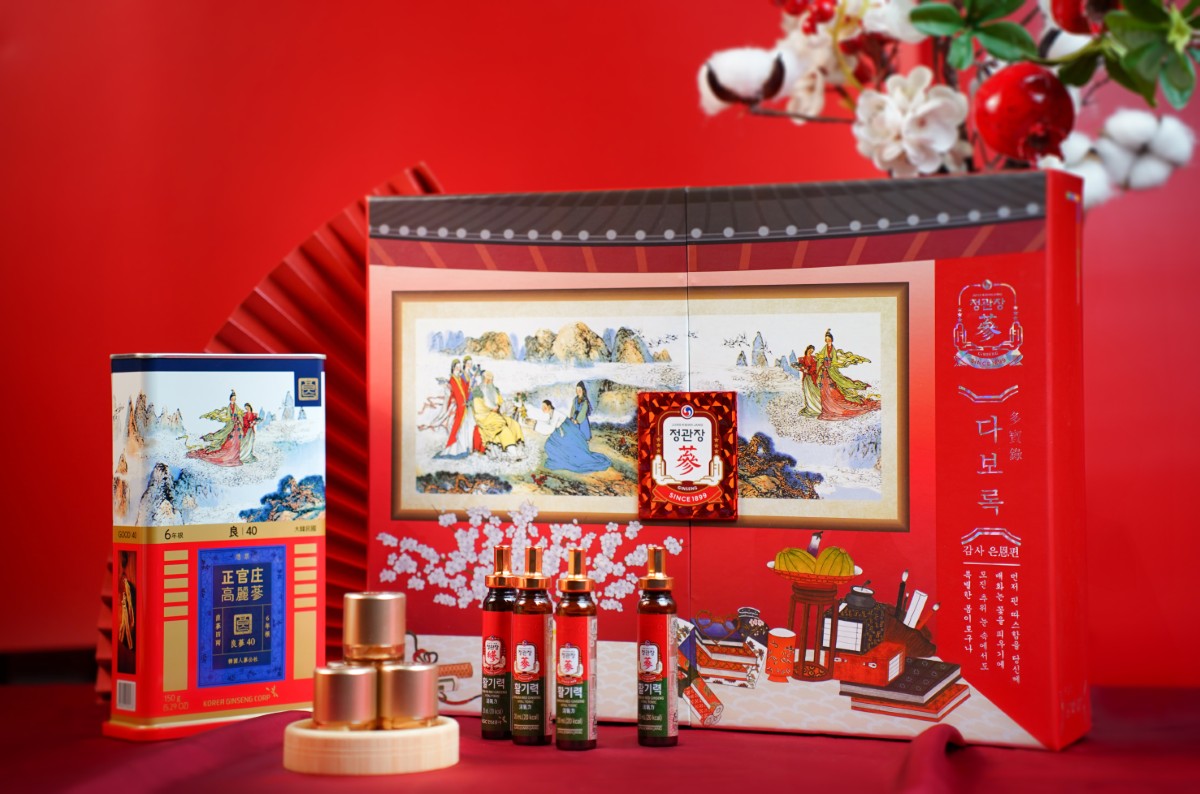 Hộp Quà Tết Hồng Sâm Chính Phủ Jung Kwan Jang An Khang Vạn Thọ sang trọng, biểu tượng cho sức khỏe và trường thọ.